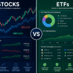 Stocks and ETFs comparison showing investment portfolio diversification, market performance charts, and long-term wealth building.