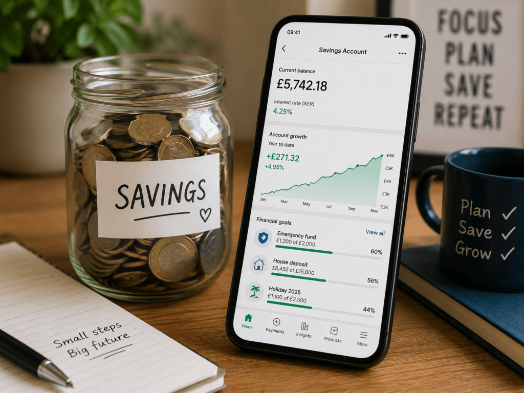 Savings account growth and interest earnings in the UK.