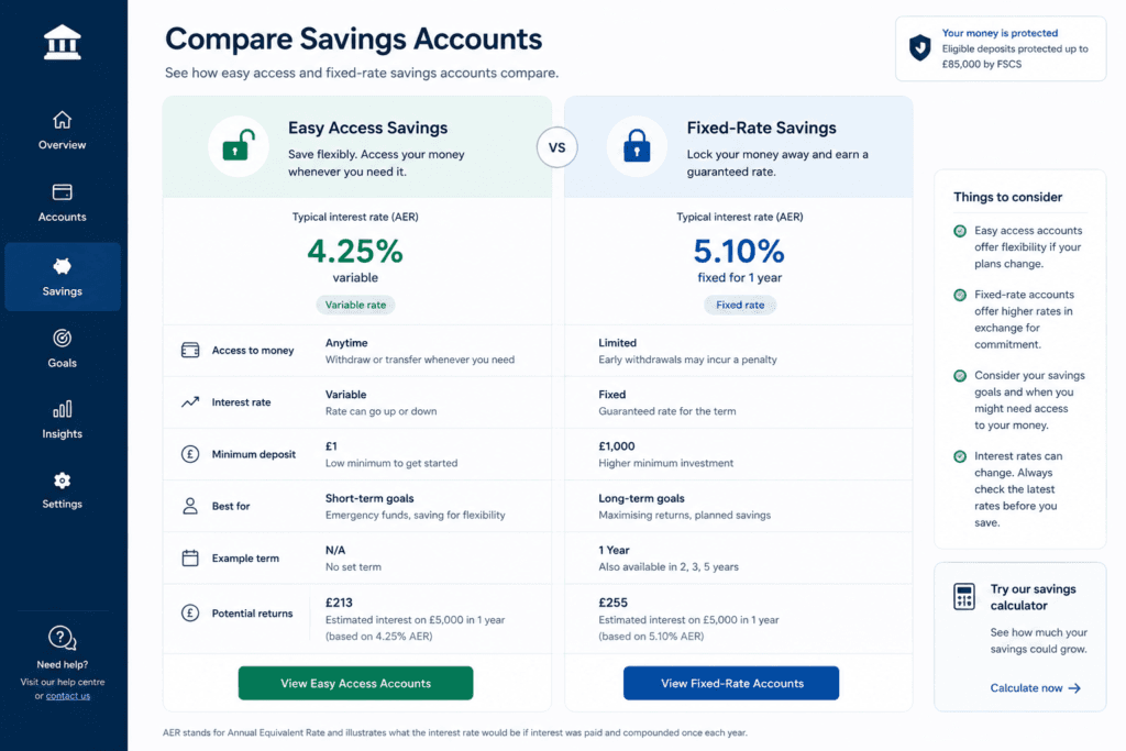 Easy access vs fixed-rate savings accounts comparison in the UK.