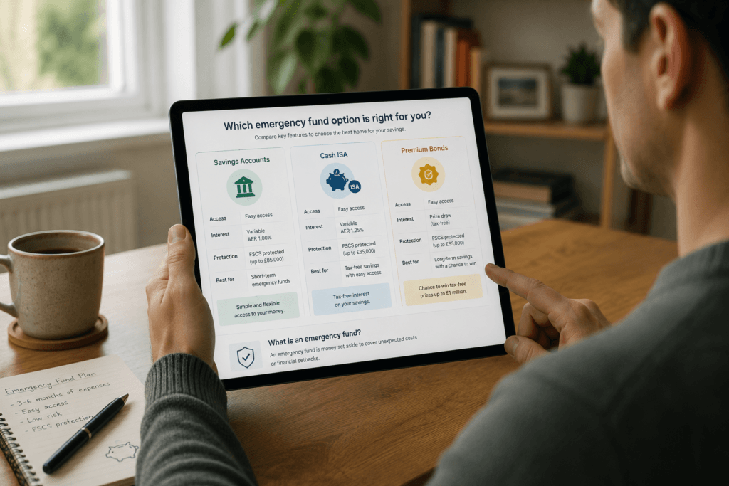 Emergency fund savings options in the UK including easy-access accounts and ISAs